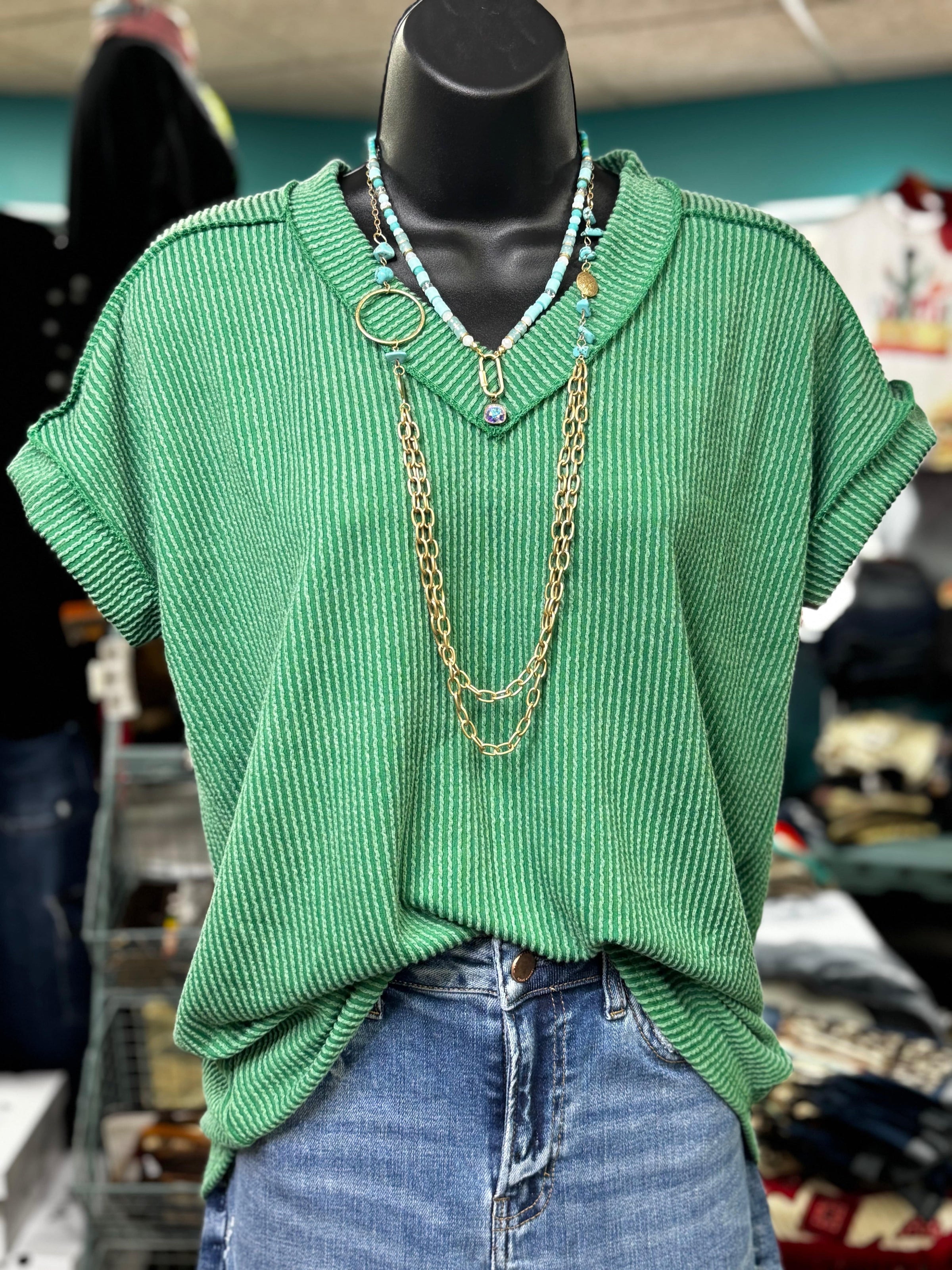 Shop Envi Me Tops and Tunics The Kelly Green Moonlight Corded V Neck Top