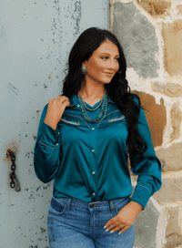Shop Envi Me Sale The Las Vegas Nights Teal Retro Western Satin Top