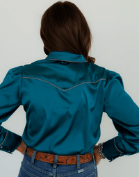 Shop Envi Me Sale The Las Vegas Nights Teal Retro Western Satin Top