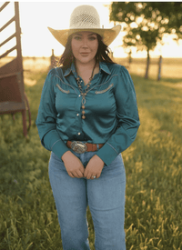 Shop Envi Me Sale The Las Vegas Nights Teal Retro Western Satin Top