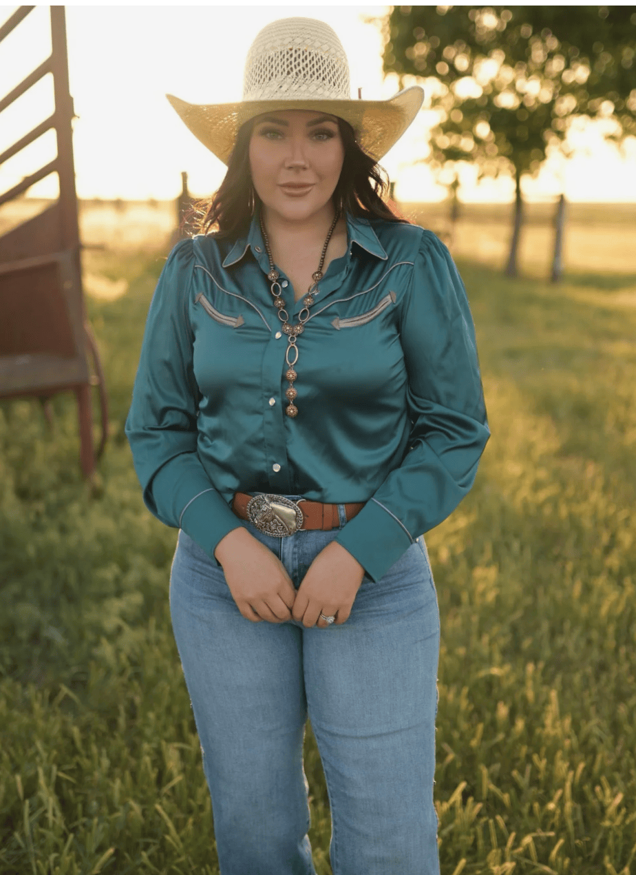 Shop Envi Me Sale The Las Vegas Nights Teal Retro Western Satin Top