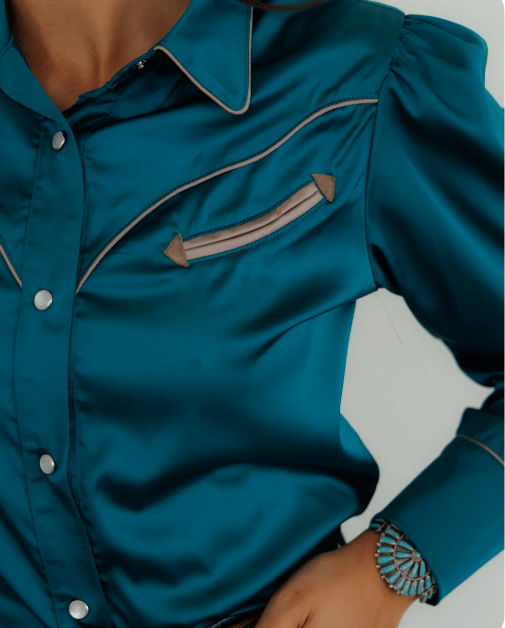 Shop Envi Me Sale The Las Vegas Nights Teal Retro Western Satin Top