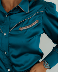 Shop Envi Me Sale The Las Vegas Nights Teal Retro Western Satin Top