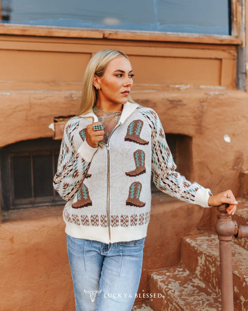 Shop Envi Me Cardigans and Kimonos The Life In Cowgirl Boots Zip Up Cardigan Sweater
