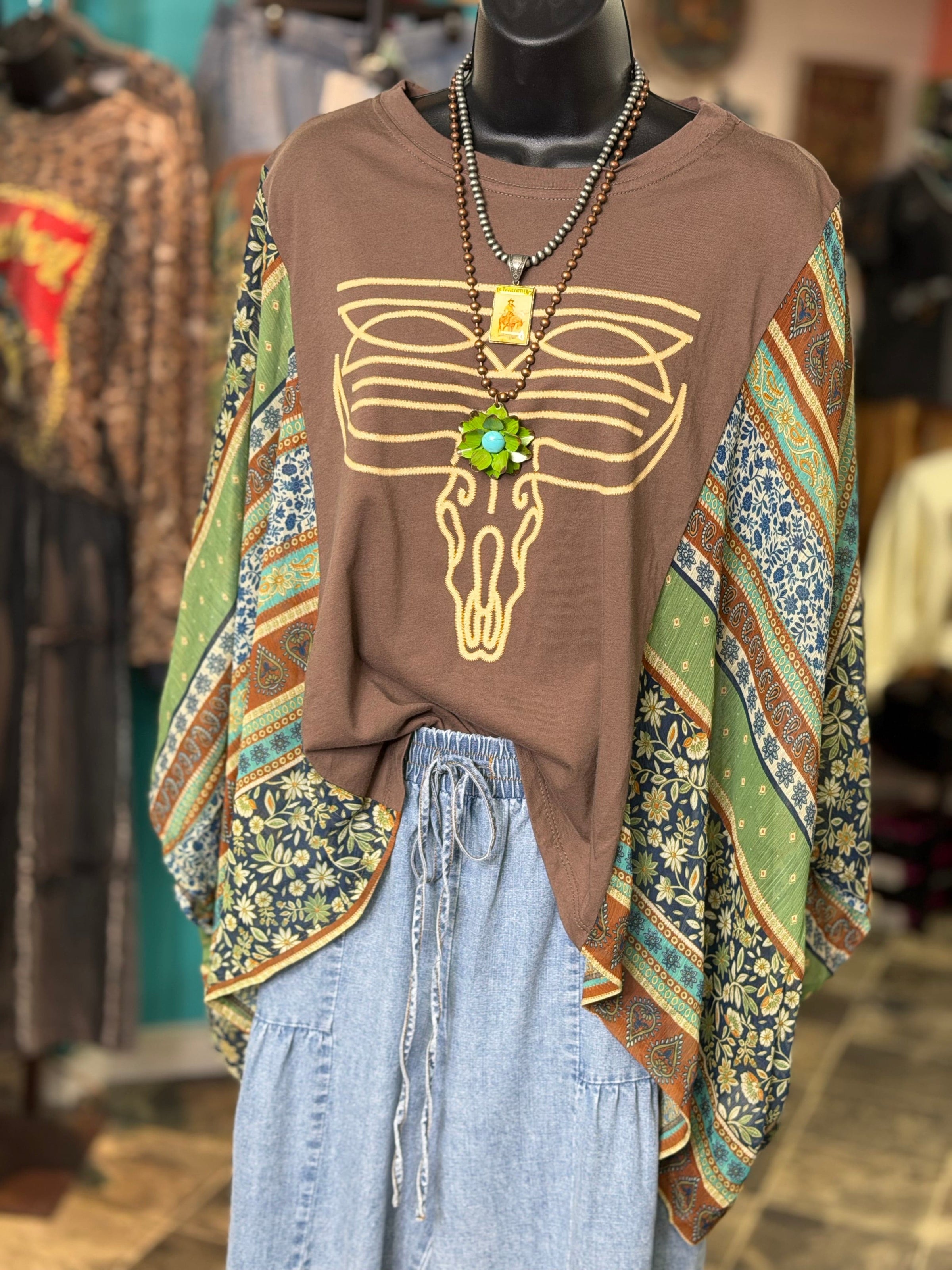 Shop Envi Me It's T-shirt Kinda Day The Longhorn Bootstitch Mix Floral Flutter Sleeve Poncho Top