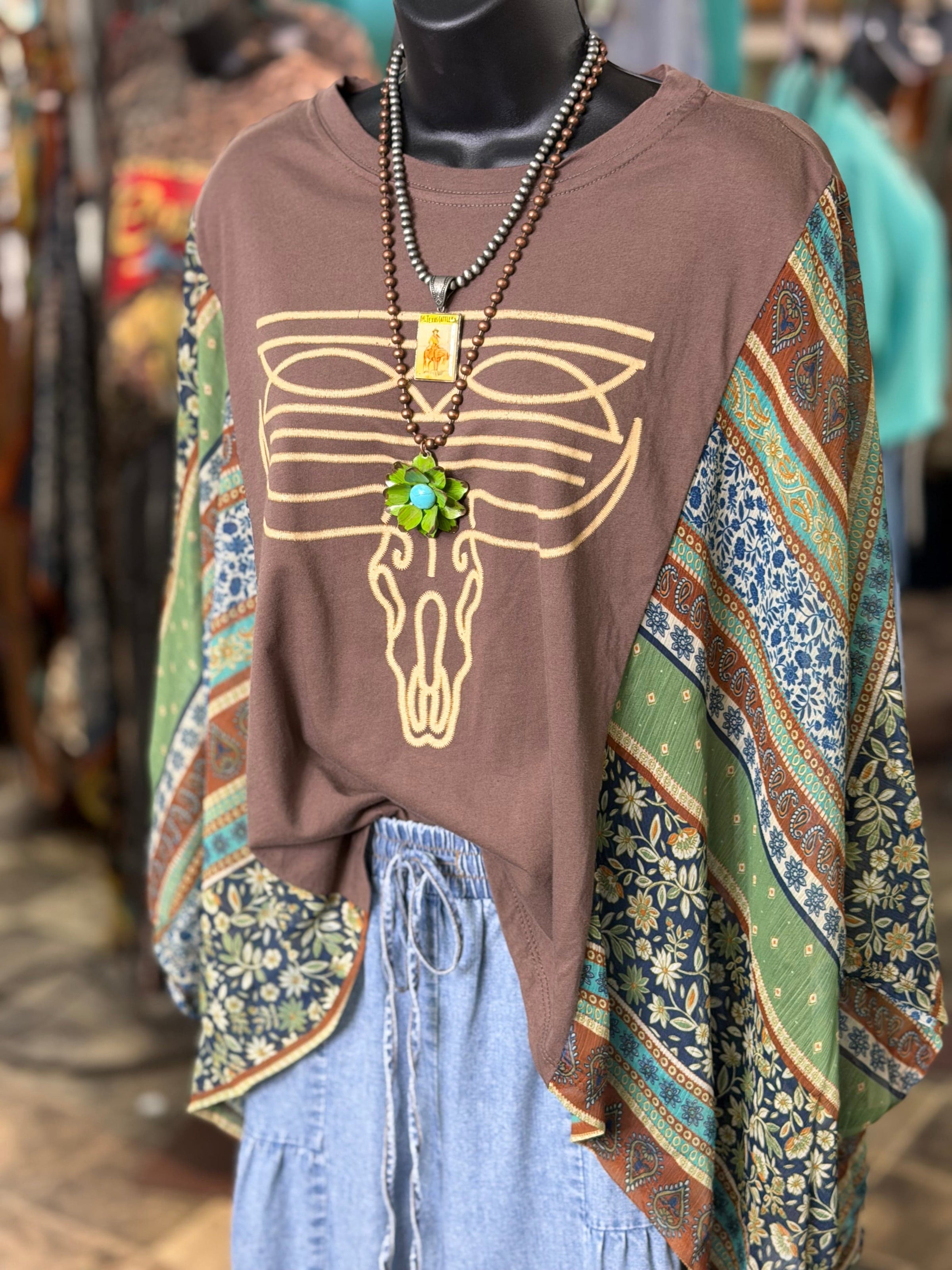 Shop Envi Me It's T-shirt Kinda Day The Longhorn Bootstitch Mix Floral Flutter Sleeve Poncho Top