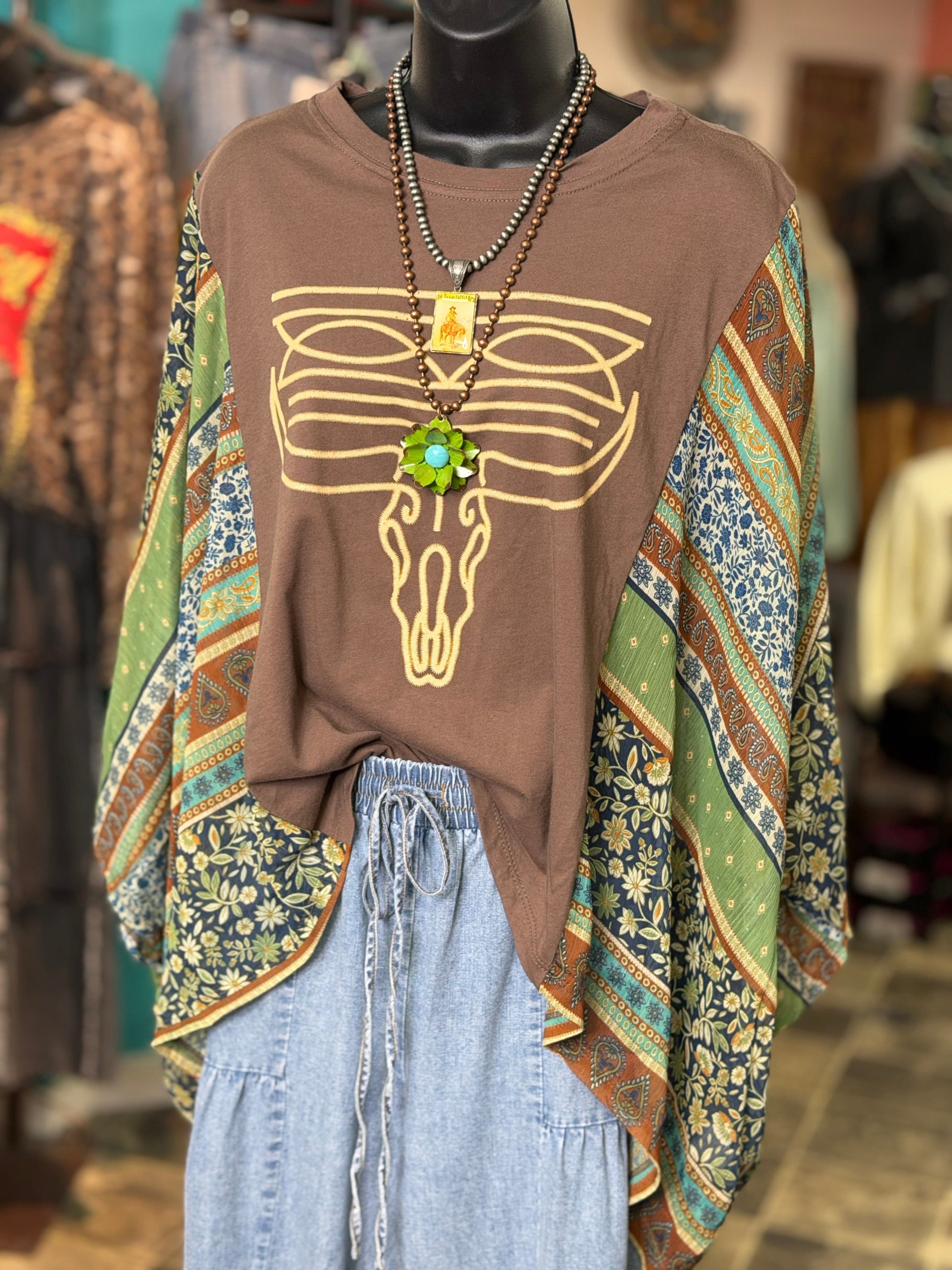 Shop Envi Me It's T-shirt Kinda Day The Longhorn Bootstitch Mix Floral Flutter Sleeve Poncho Top