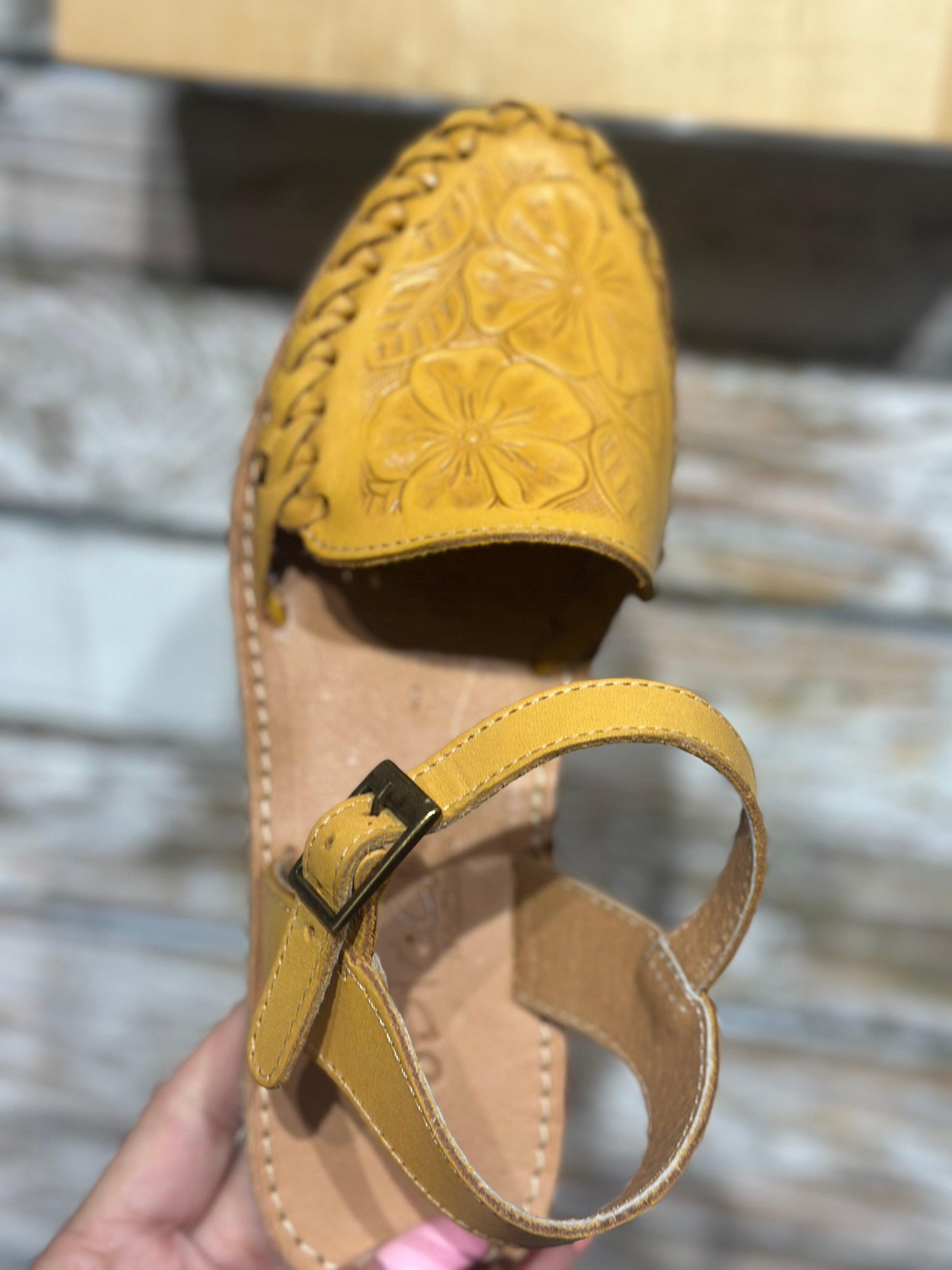 Volatile Shoes The Maneula Tooled Mustard Hurache Sandal