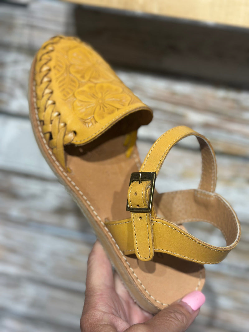 Volatile Shoes The Maneula Tooled Mustard Hurache Sandal