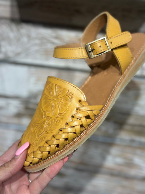 Volatile Shoes The Maneula Tooled Mustard Hurache Sandal