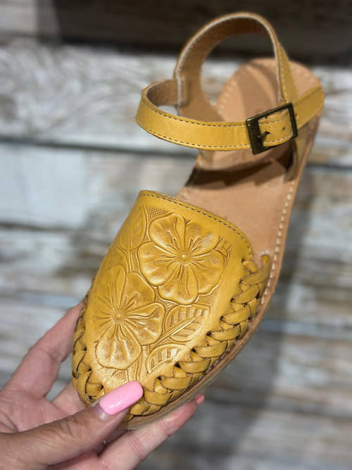 Volatile Shoes The Maneula Tooled Mustard Hurache Sandal