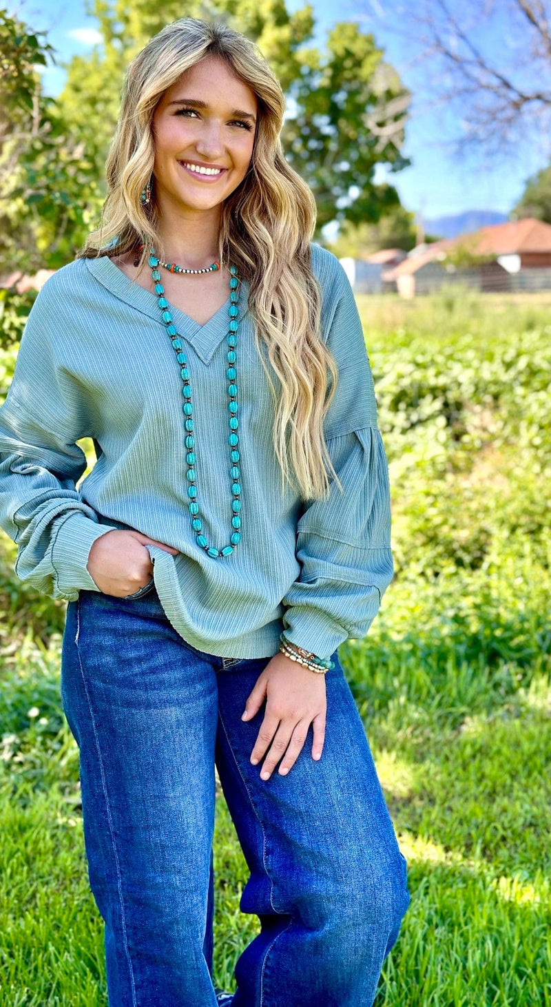 Shop Envi Me Tops and Tunics The Miles City Turquoise V Neck Corded Top