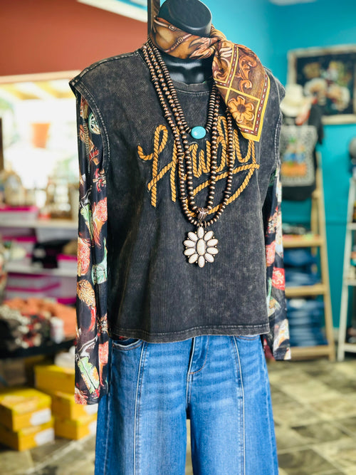 Shop Envi Me Tops and tunics The Mineral Wash Embroidered Western Howdy Mom Crop Top