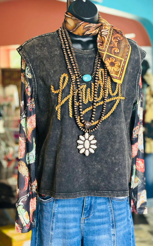 Shop Envi Me Tops and tunics The Mineral Wash Embroidered Western Howdy Mom Crop Top