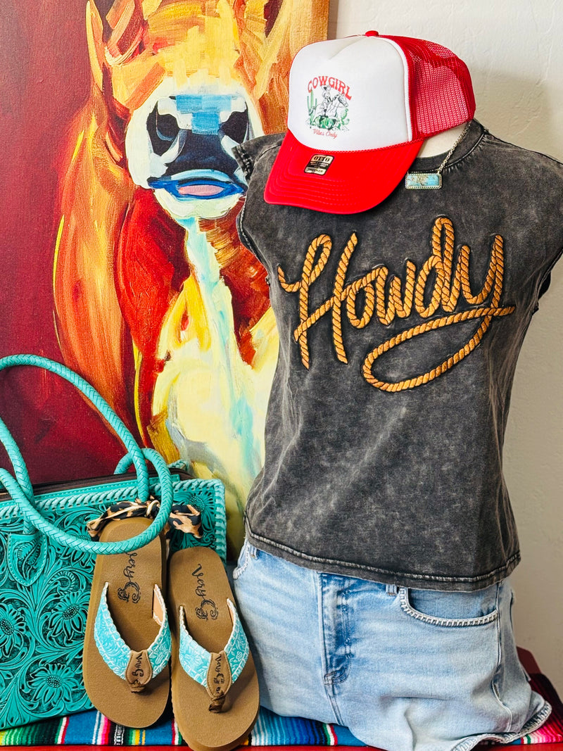 Shop Envi Me Tops and tunics The Mineral Wash Embroidered Western Howdy Mom Crop Top