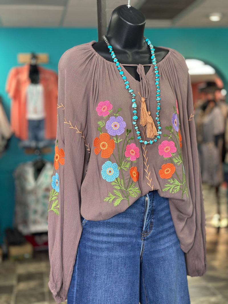 Shop Envi Me Tops and Tunics The Mocha Santa Rosa Embroidered Top