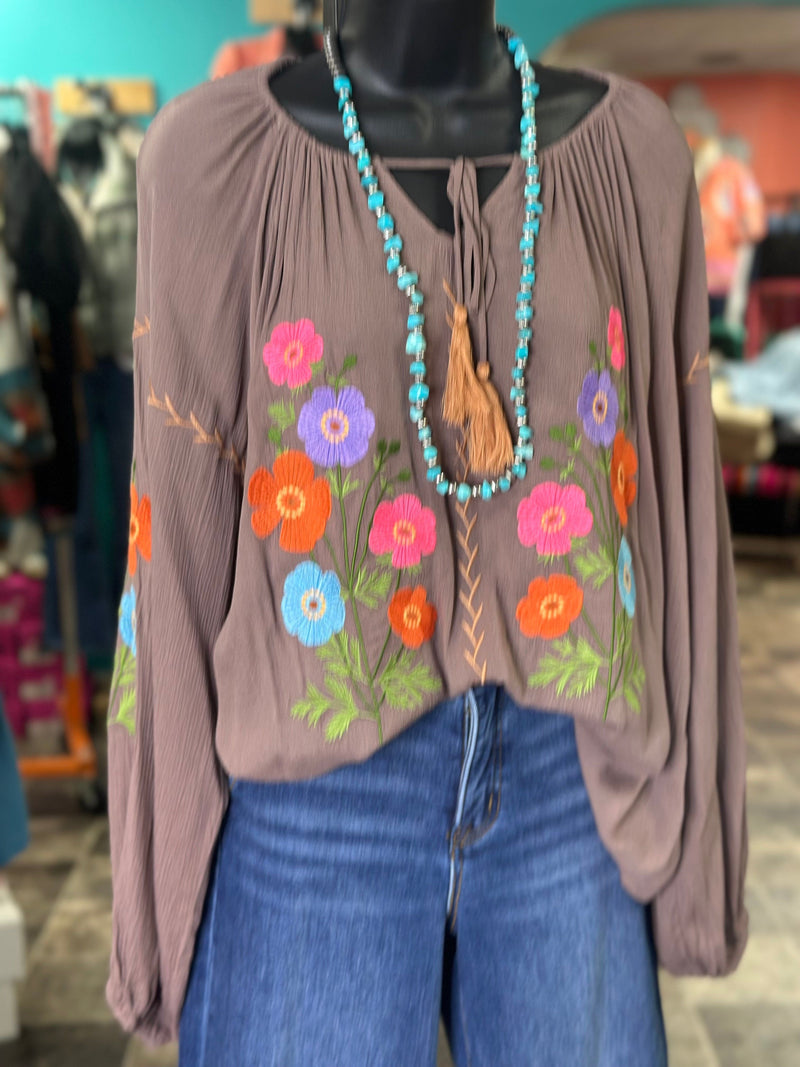 Shop Envi Me Tops and Tunics The Mocha Santa Rosa Embroidered Top