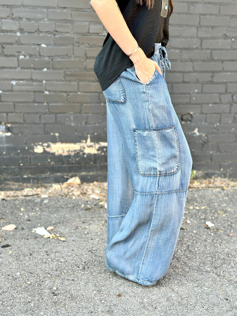 Just Black Bottoms The Must Have Chambray Wide Leg Cargo Pants