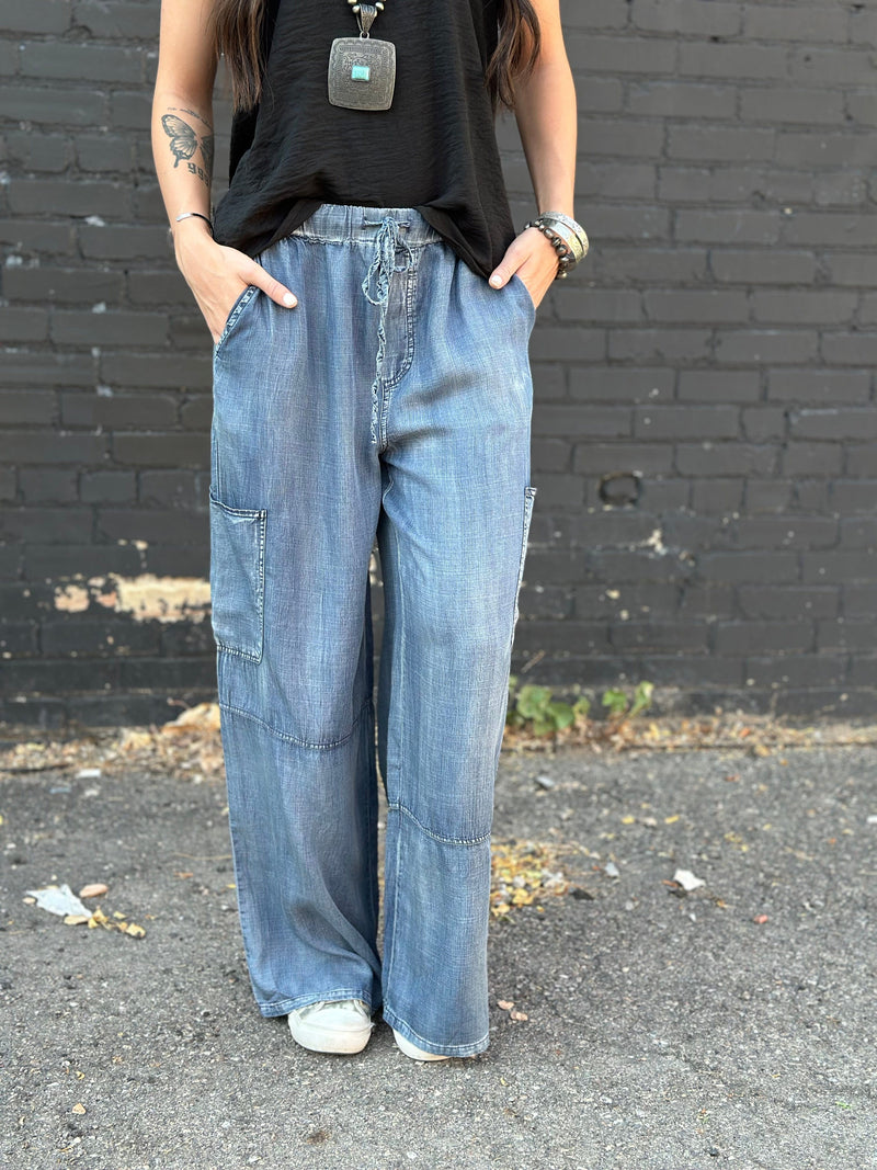 Just Black Bottoms The Must Have Chambray Wide Leg Cargo Pants