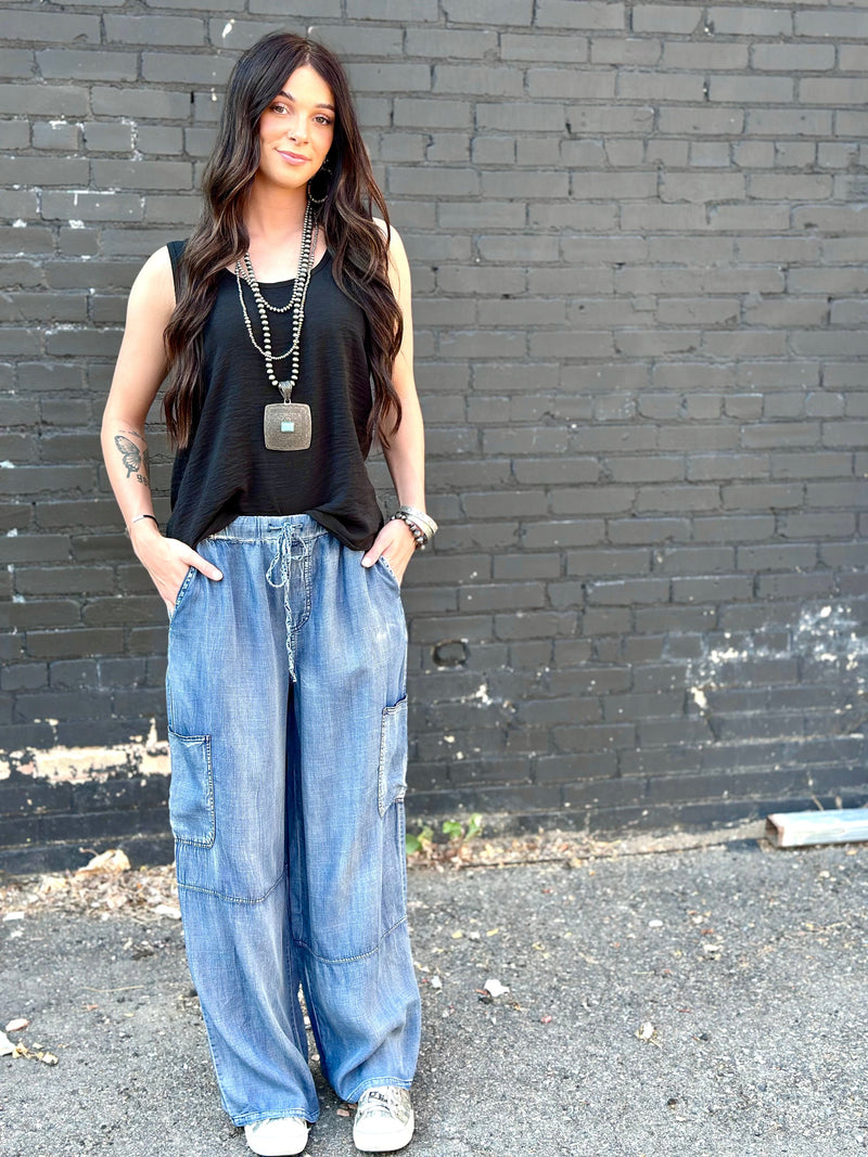 Just Black Bottoms The Must Have Chambray Wide Leg Cargo Pants