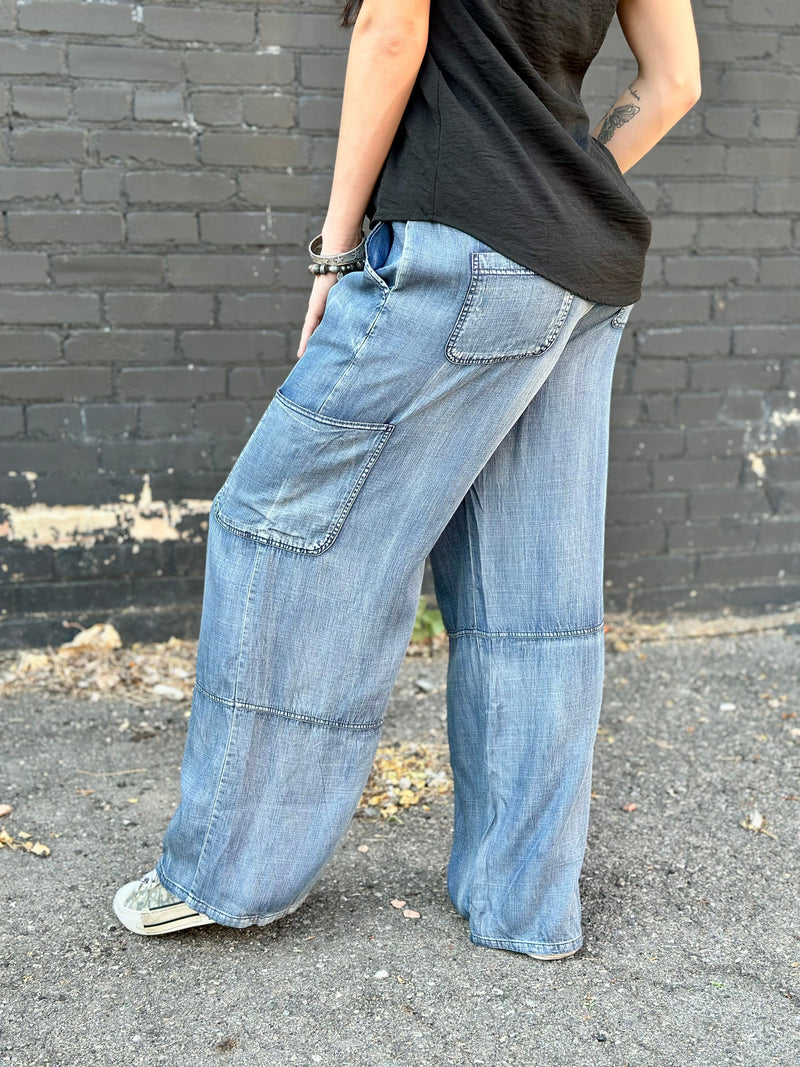 Just Black Bottoms The Must Have Chambray Wide Leg Cargo Pants