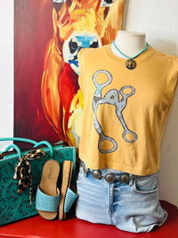 Shop Envi Me Tops and Tunics The Mustard Retro Bit Sleeveless Mom Crop Tee
