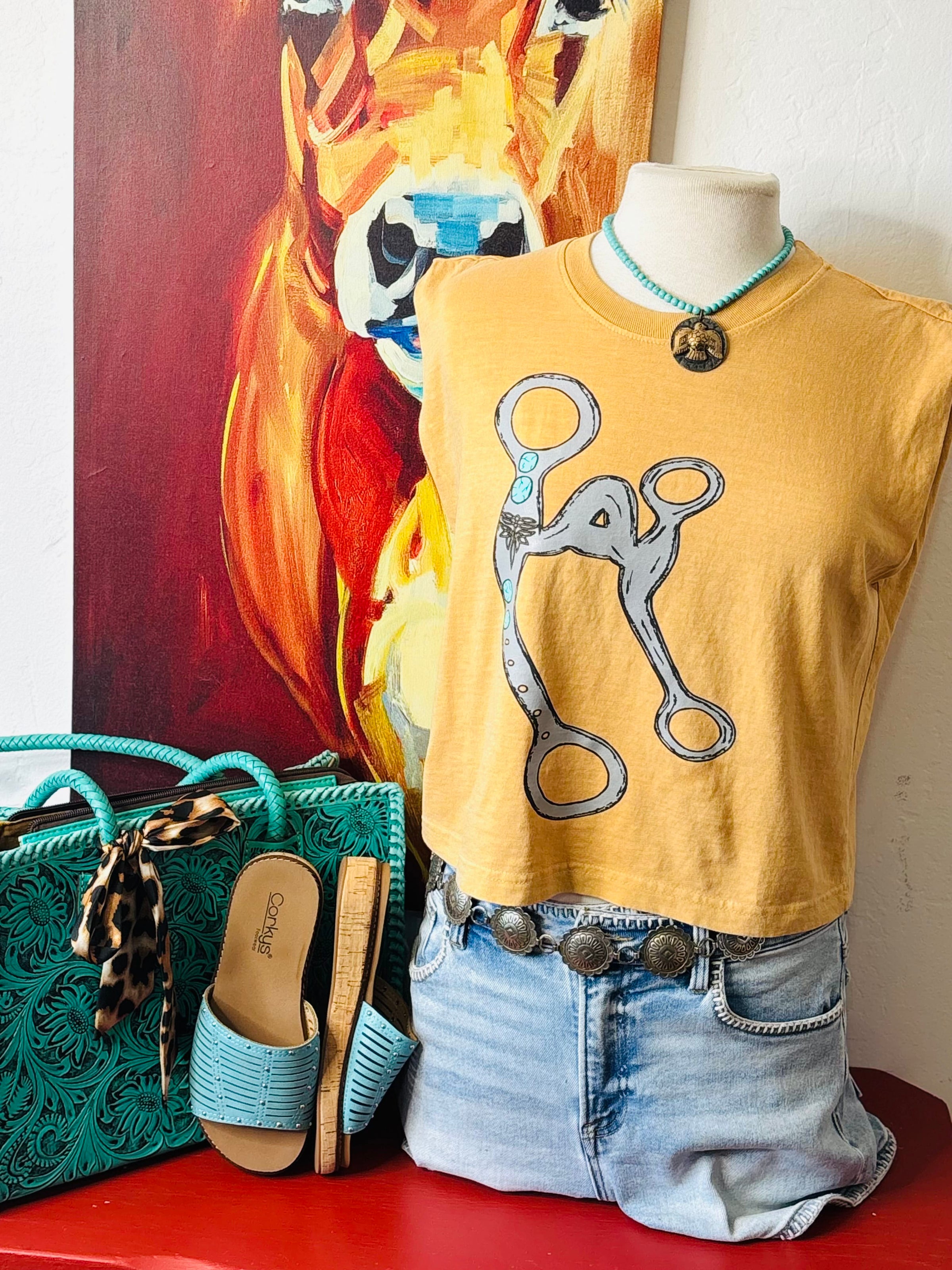 Shop Envi Me Tops and Tunics The Mustard Retro Bit Sleeveless Mom Crop Tee