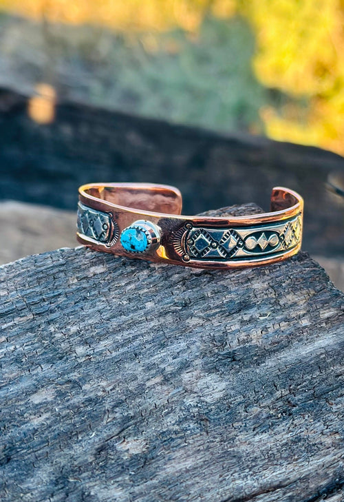 Shop Envi Me Bracelets Silver Copper & Kingman Turquoise The NA Made Laramie Copper Sterling Silver & Kingman Turquoise Southwest Cuff Bracelet