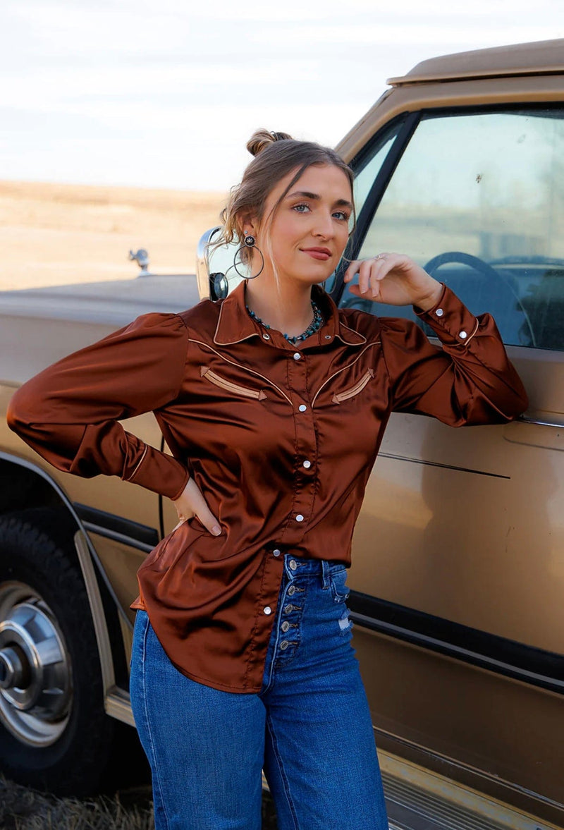 Shop Envi Me Sale The Nevada Fall Days Copper Satin Retro Western Top