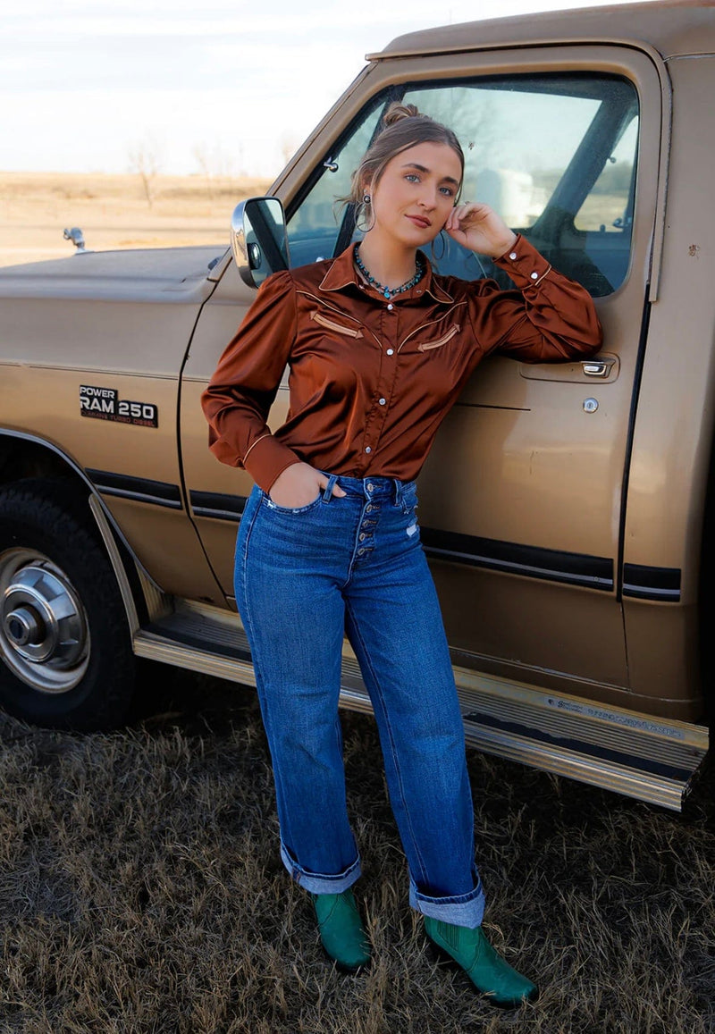Shop Envi Me Sale The Nevada Fall Days Copper Satin Retro Western Top