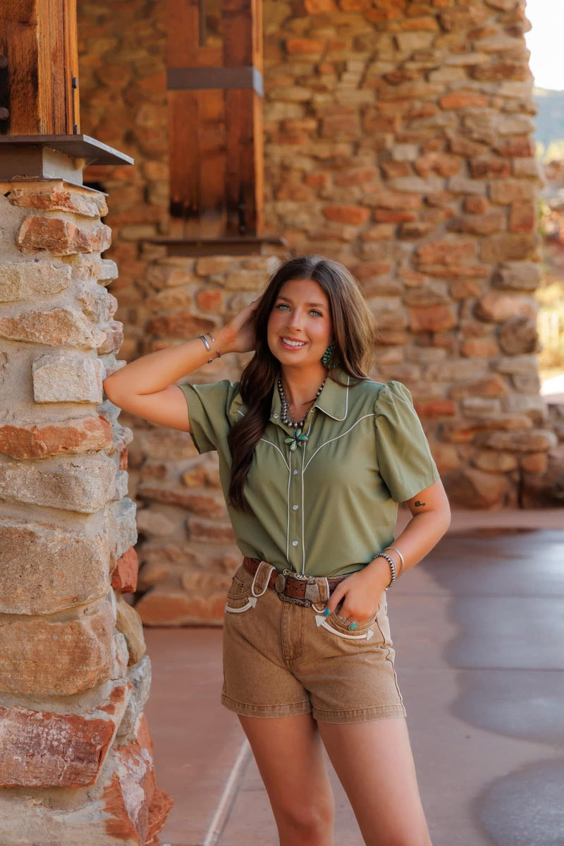 Shop Envi Me Sale The Nevada Fall Days Olive Retro Western Top