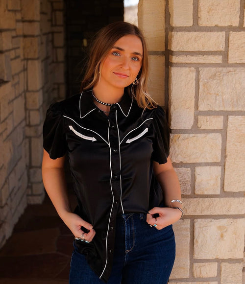 Shop Envi Me Sale The Nevada Summer Nights Black Retro Western Satin Top