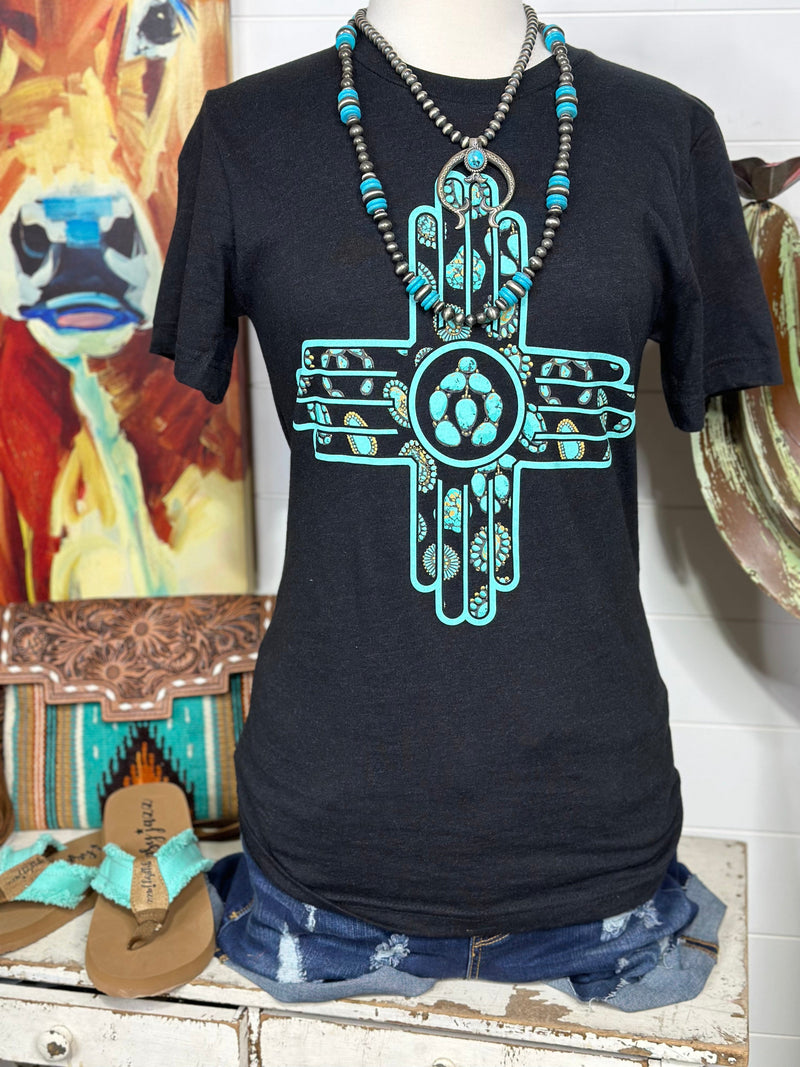 Shop Envi Me Tops and Tunics The New Mexico Turquoise Squash Zia Cross Tee