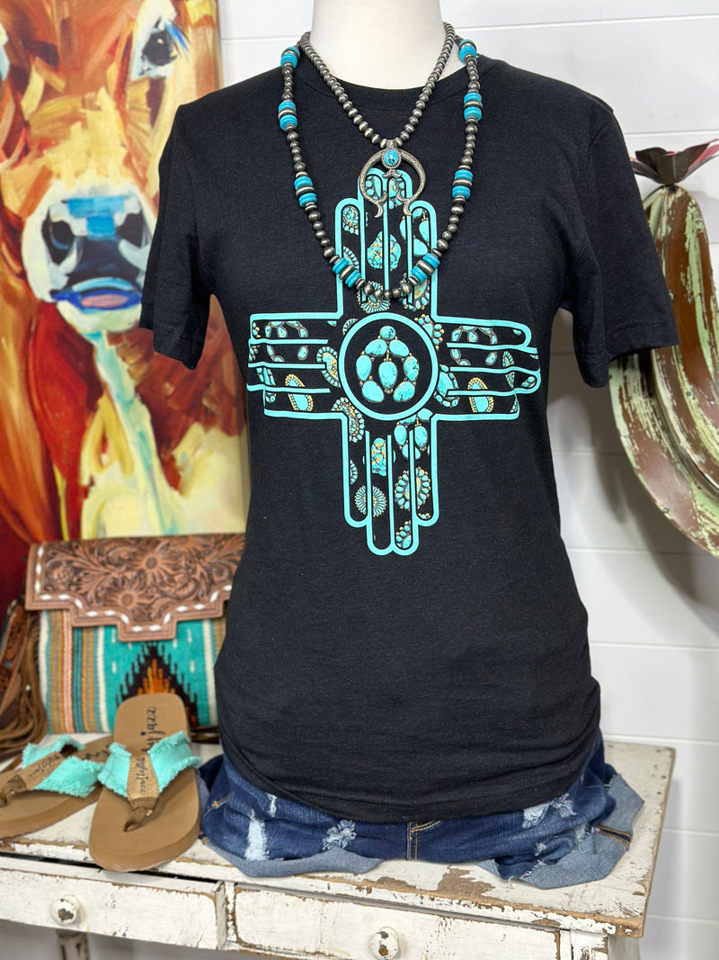 Shop Envi Me Tops and Tunics The New Mexico Turquoise Squash Zia Cross Tee