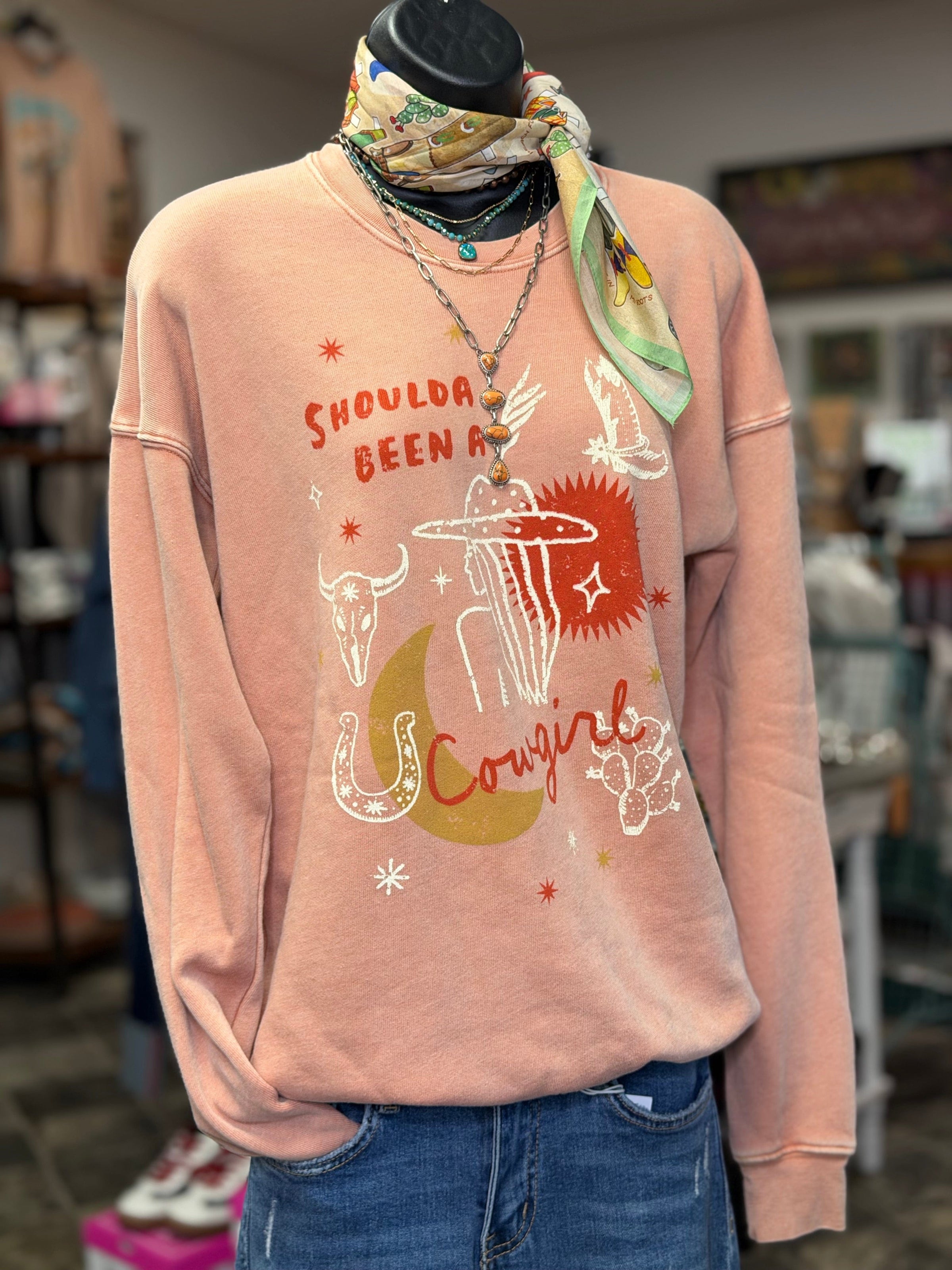Shop Envi Me Tops and Tunics The Peachy Shoulda Been A Cowgirl Sweatshirt