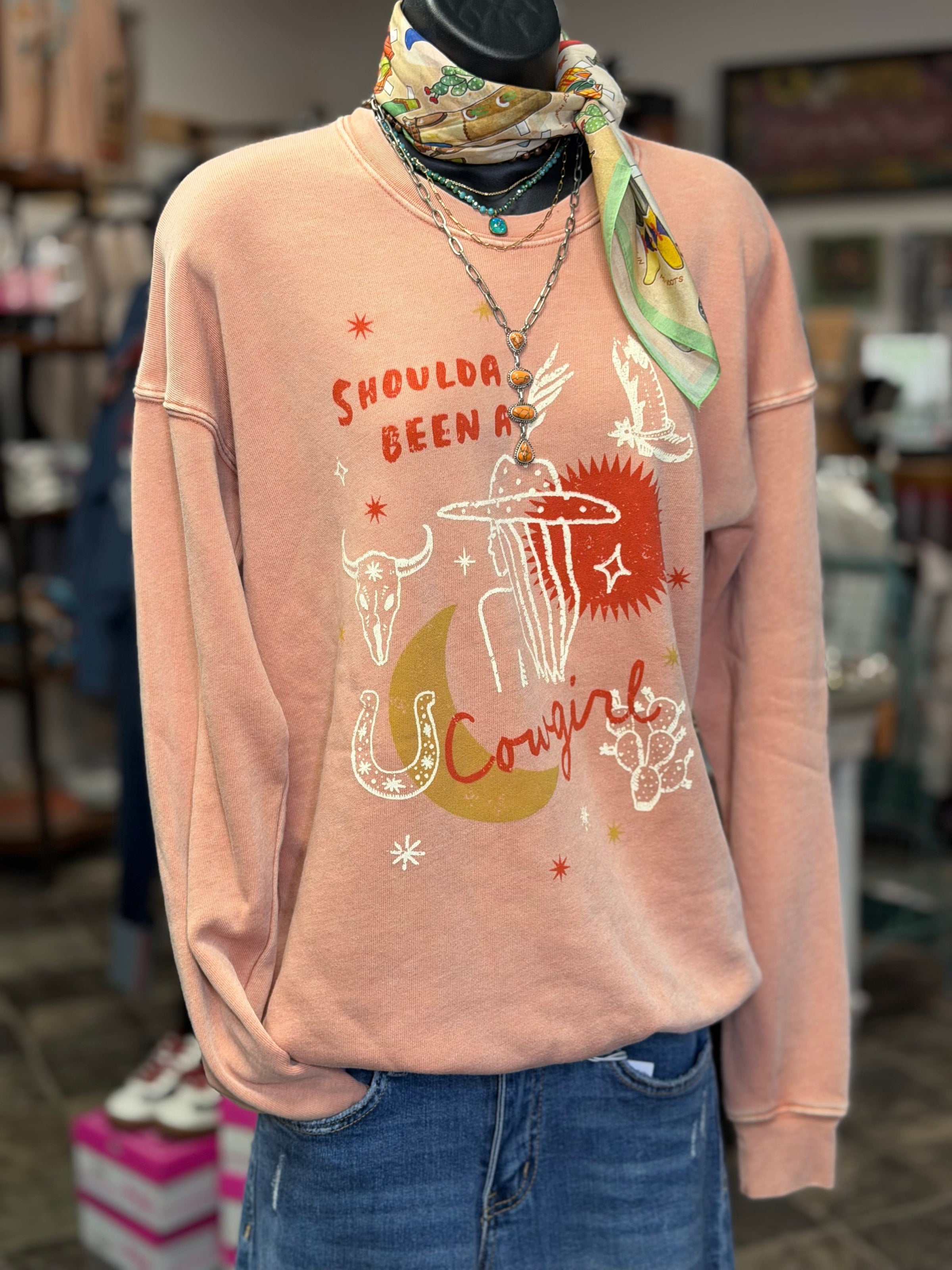 Shop Envi Me Tops and Tunics The Peachy Shoulda Been A Cowgirl Sweatshirt