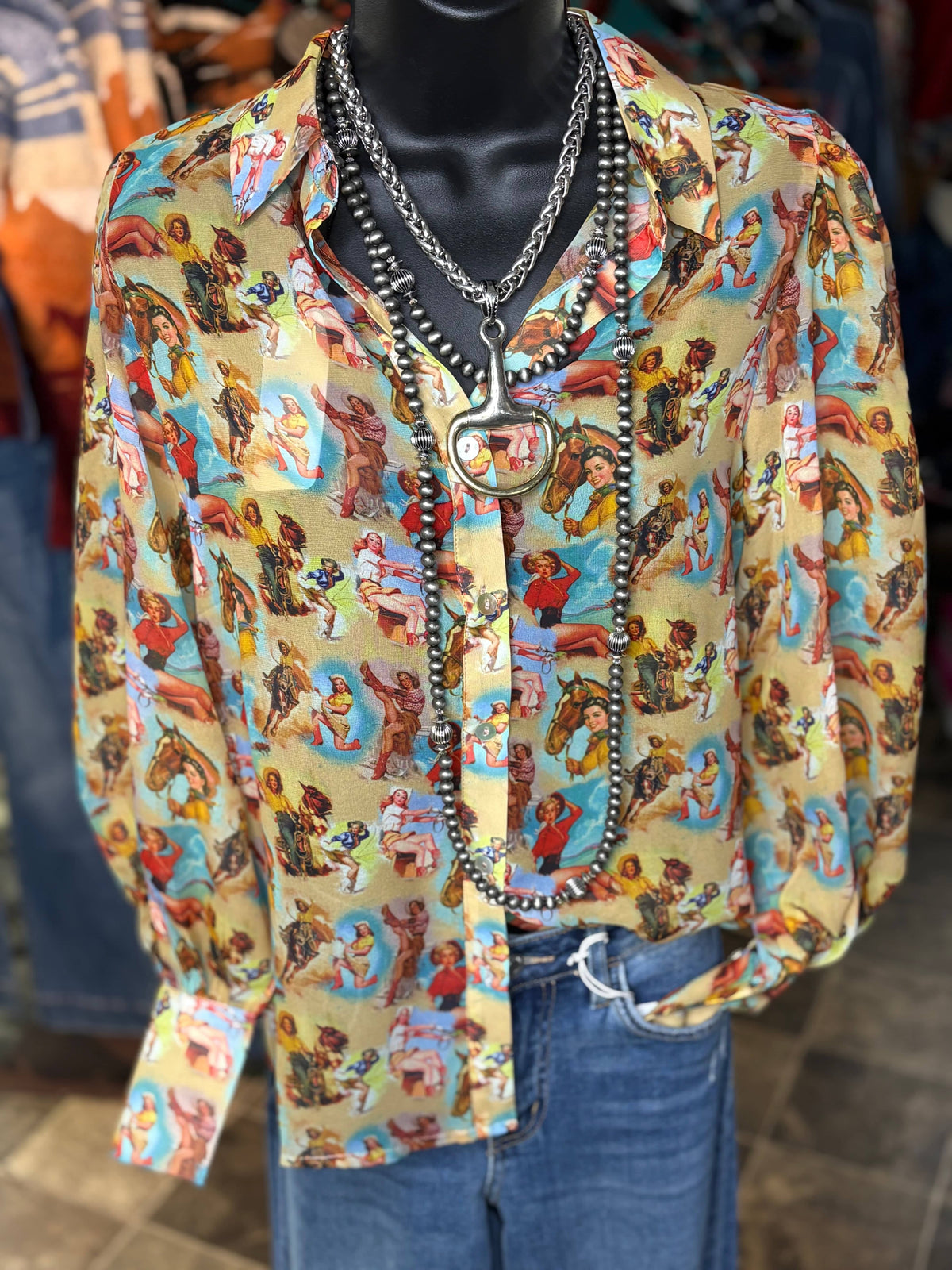 Shop Envi Me tops The Pin Up Cowgirl Chiffon Button Up Top