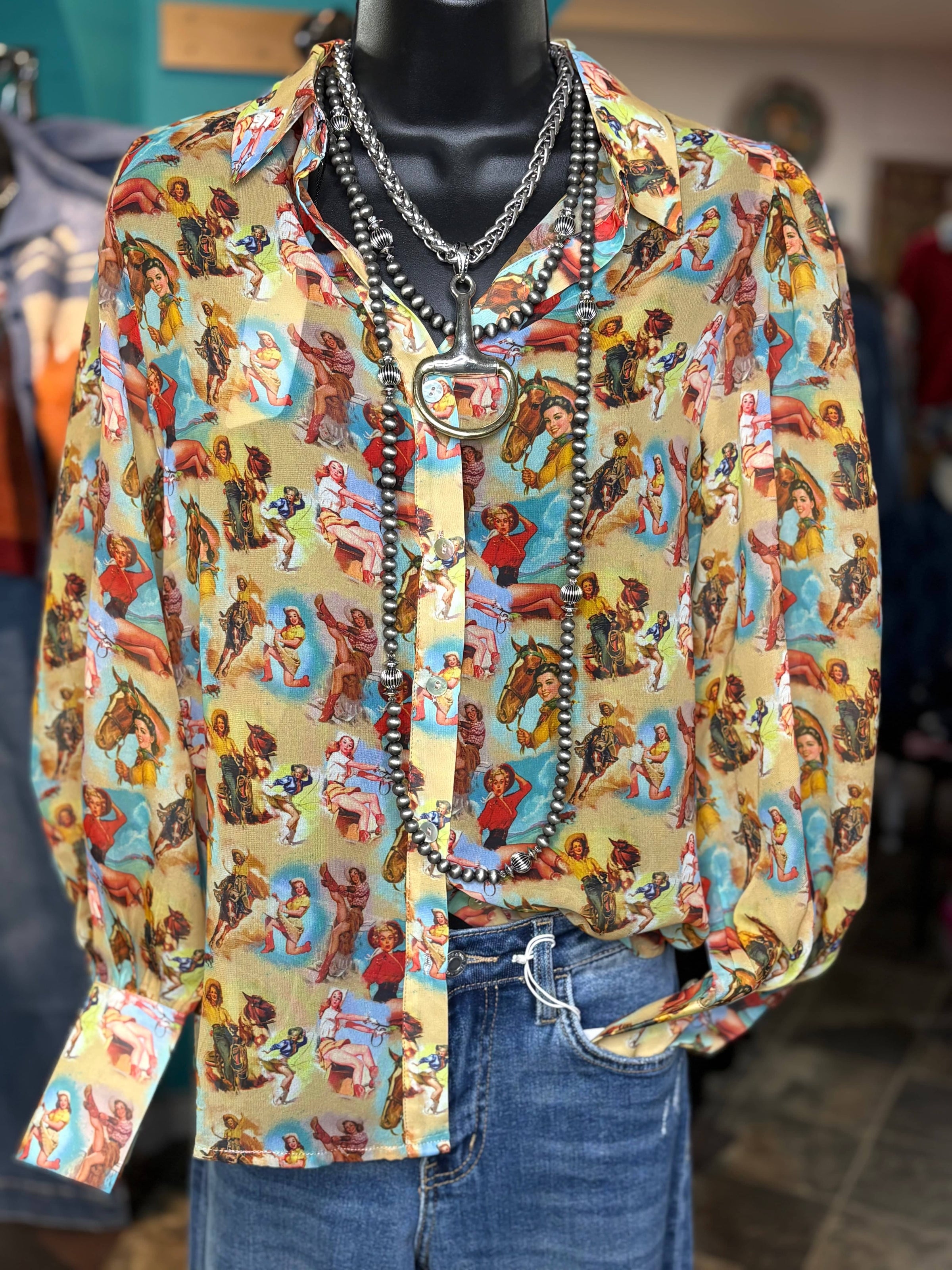 Shop Envi Me tops The Pin Up Cowgirl Chiffon Button Up Top