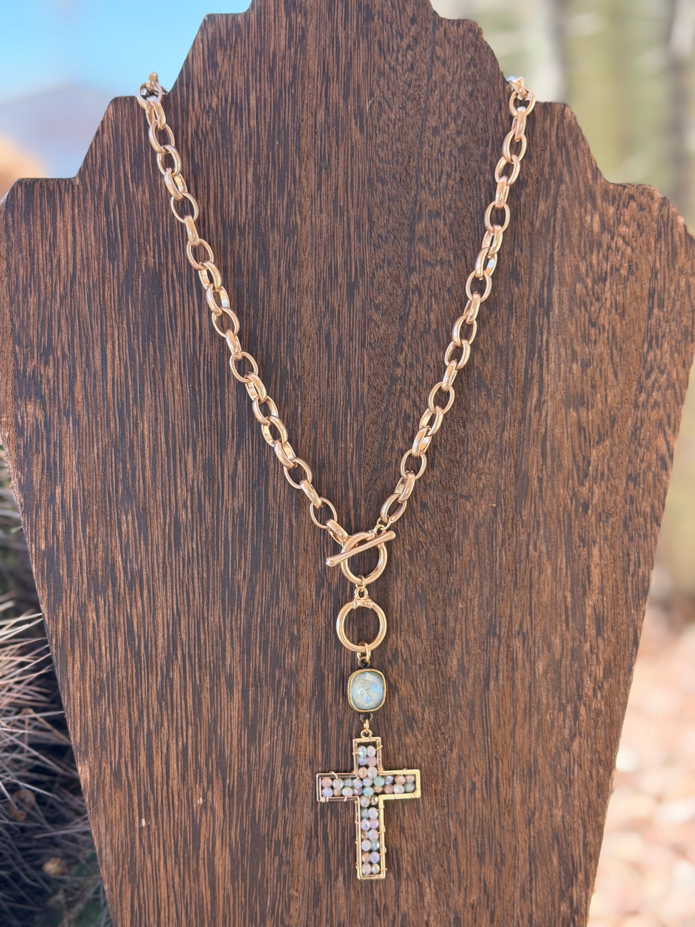 Shop Envi Me Jewelry Necklace / Multi The Pink Panache Crystal Cross In Gold Necklace