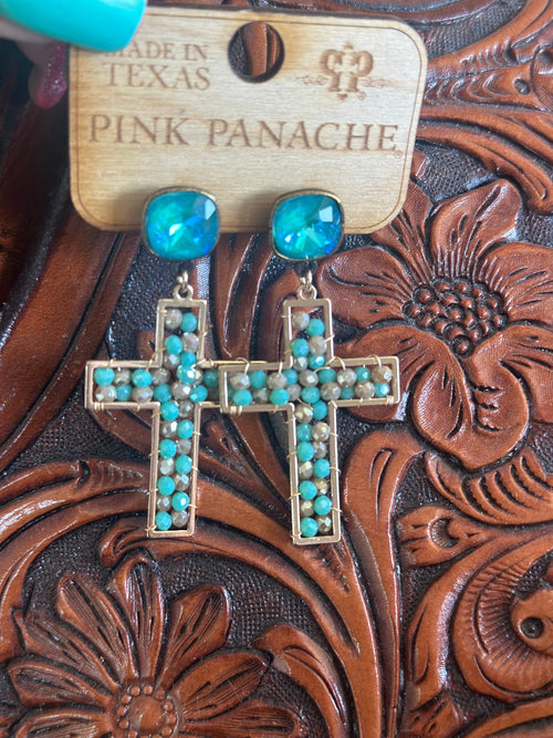 Shop Envi Me Earring Gold The Pink Panache Gold & Turquoise Crystal Cross Drop Earrings