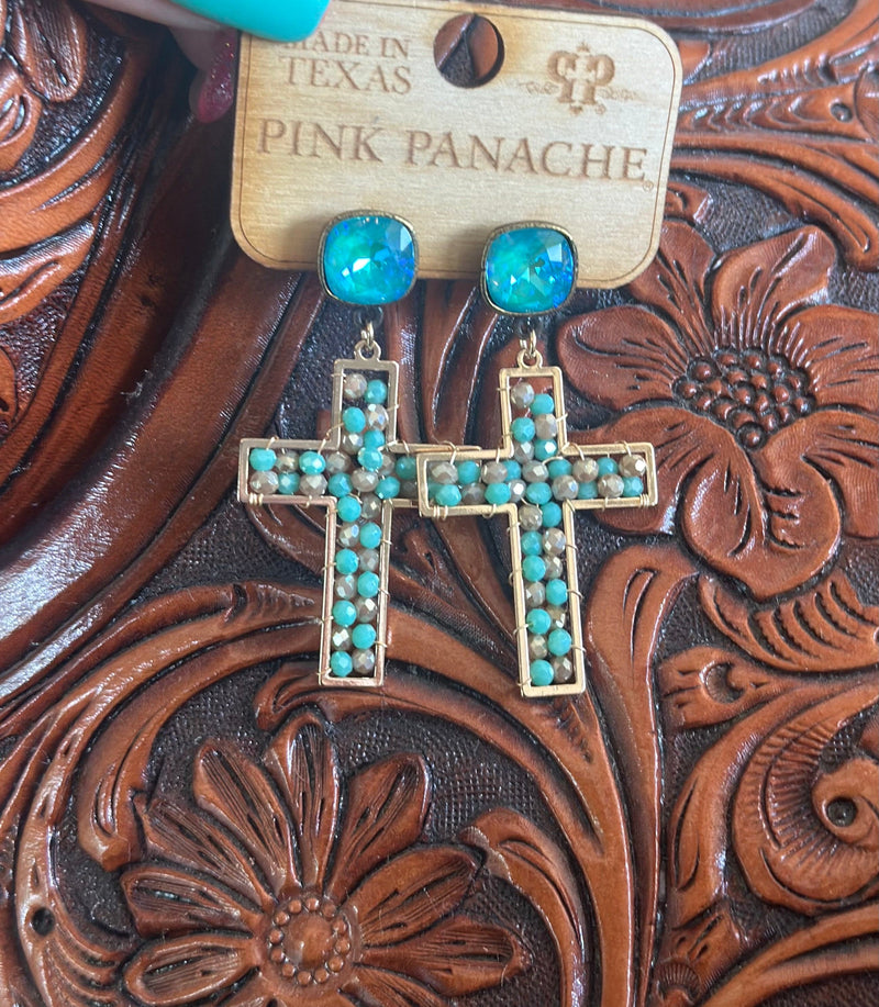 Shop Envi Me Earring Gold The Pink Panache Gold & Turquoise Crystal Cross Drop Earrings
