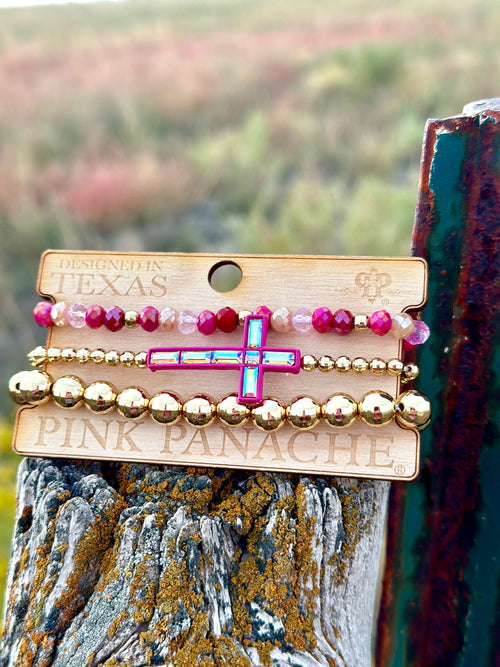Shop Envi Me Jewelry Stack Bracelet / Pink The Pink Panache Hot Pink & Gold Cross Stack Bracelet Set