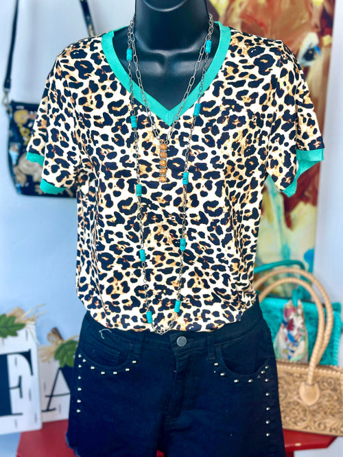 Shop Envi Me Tops and Tunics The Pop of Turquoise Leopard Top