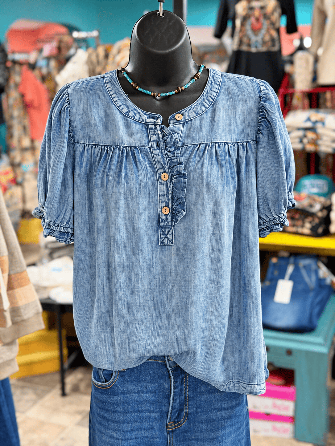 Shop Envi Me Tops and Tunics The Pretty Bit Of Ruffle Denim Top