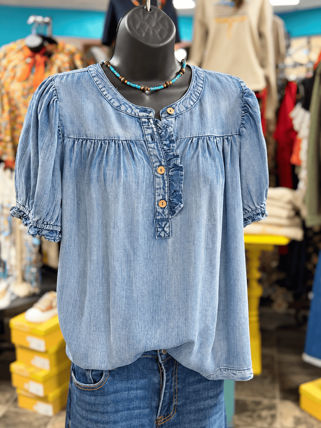 Shop Envi Me Tops and Tunics The Pretty Bit Of Ruffle Denim Top