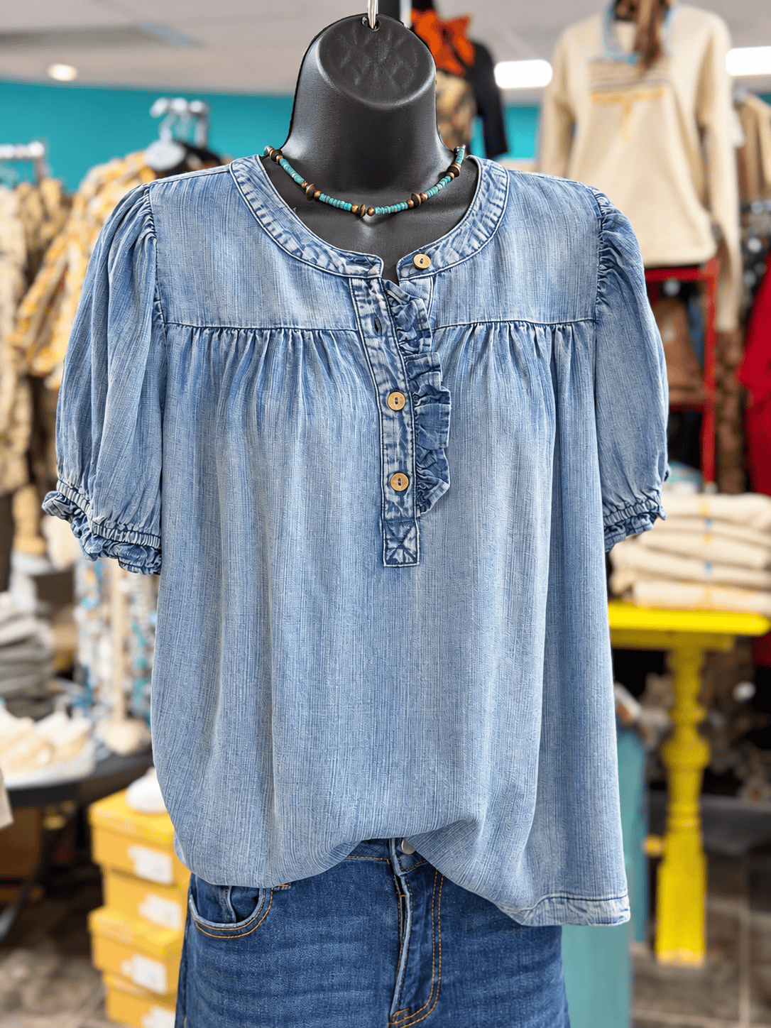 Shop Envi Me Tops and Tunics The Pretty Bit Of Ruffle Denim Top