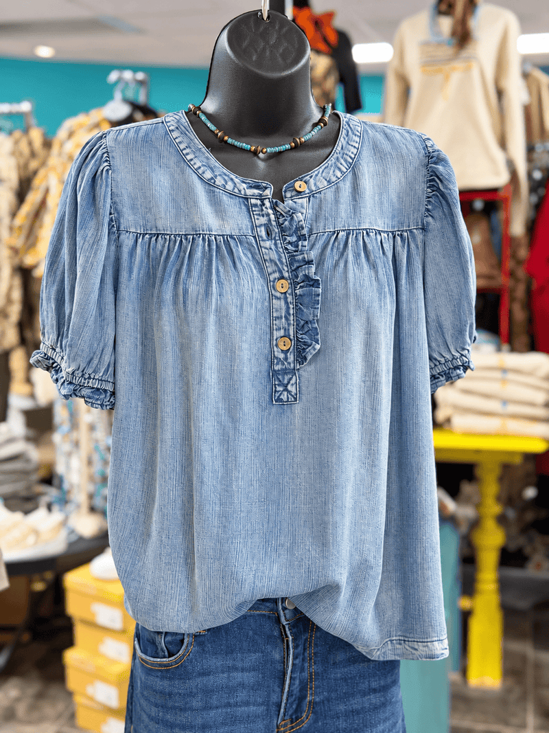 Shop Envi Me Tops and Tunics The Pretty Bit Of Ruffle Denim Top