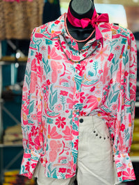 Shop Envi Me tops The Pretty Pink Floral & Boots Button Up Chiffon Top