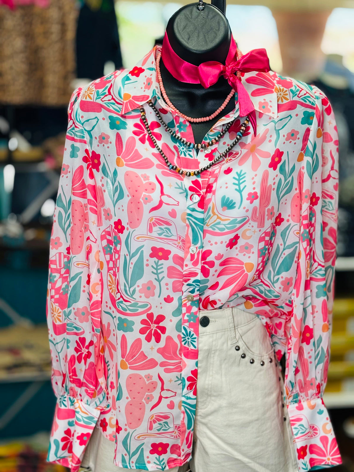 Shop Envi Me tops The Pretty Pink Floral & Boots Button Up Chiffon Top