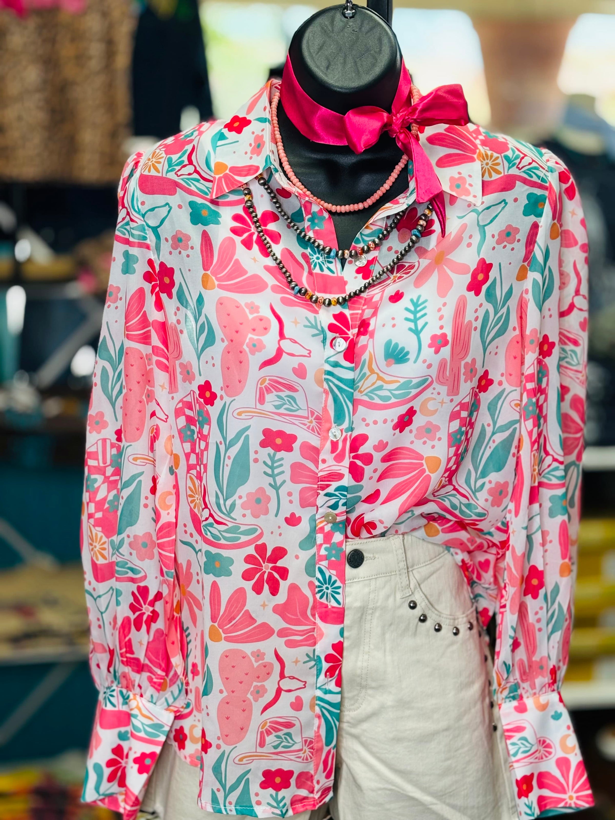 Shop Envi Me tops The Pretty Pink Floral & Boots Button Up Chiffon Top